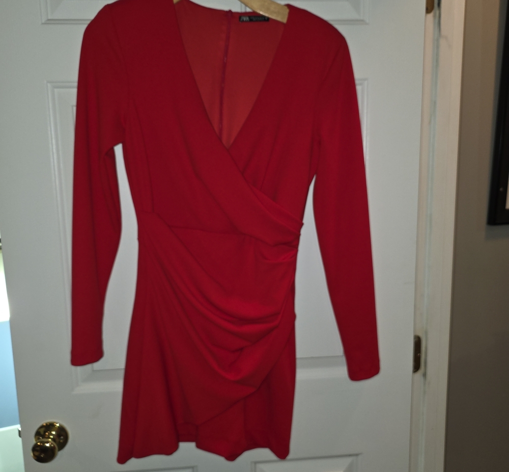 Zara Red Long-Sleeve Wrap-Style Dress